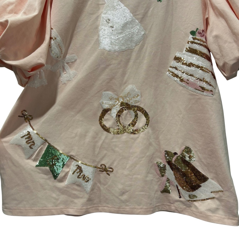 BOMB Designs Pink Sequin Bridal Mrs Puff Sleeve T-Shirt Wedding Bachelorette M - Picture 4 of 5